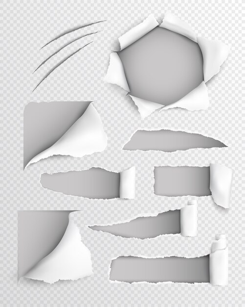 Conjunto transparente realista de papel rasgado