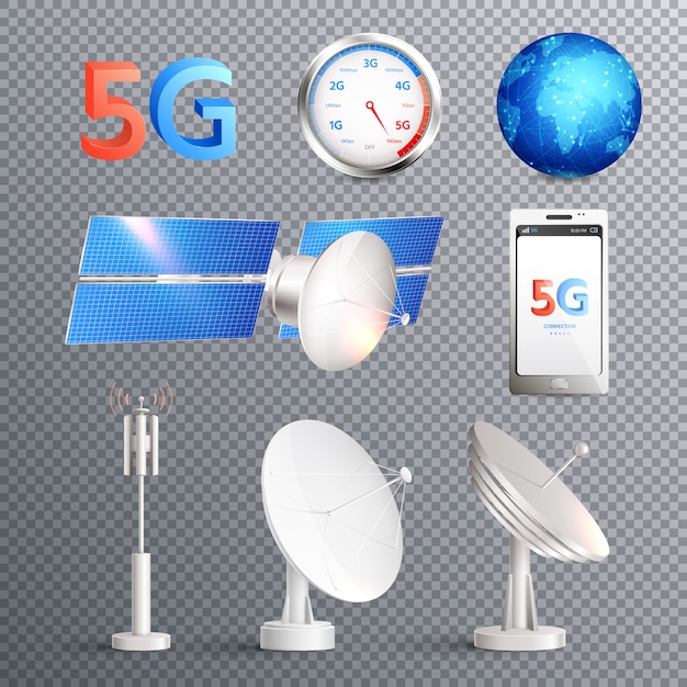 Vector gratuito conjunto transparente de tecnología móvil moderna de internet de elementos aislados que promueven la transmisión de señal de 5g estándar realista