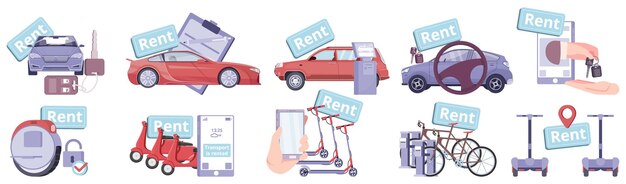 Conjunto de transporte aislado que comparte iconos planos con etiquetas de texto e imágenes de automóviles y scooters ilustración vectorial