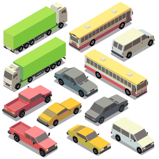 conjunto de transporte urbano isométrico. Coches con sombras aisladas sobre fondo blanco. Camión,