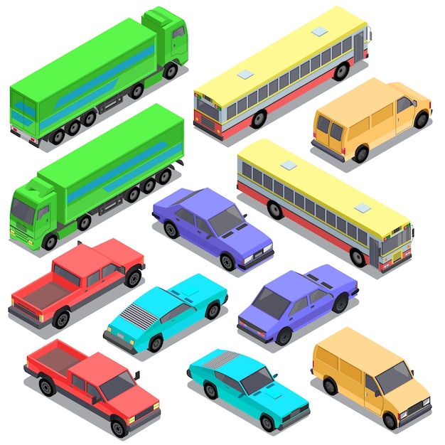 Vector gratuito conjunto de transporte urbano isométrico, coches