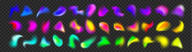 Conjunto de trazos de pincel degradado multicolor aislados en fondo transparente Vector ilustración realista de manchas coloridas abstractas tinta arco iris borrosa salpicaduras efecto de pintura fluida holográfica
