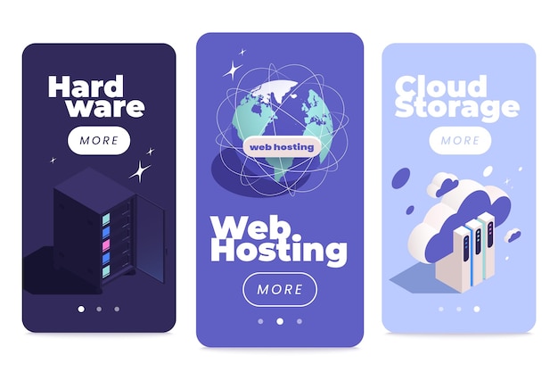 Conjunto de tres banners verticales de aplicaciones móviles de alojamiento web con iconos isométricos de elementos de infraestructura de red ilustración vectorial