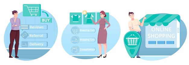 Conjunto de tres composiciones de botones aislados con personajes humanos planos y pictogramas de tienda en línea con ilustración de vector de texto