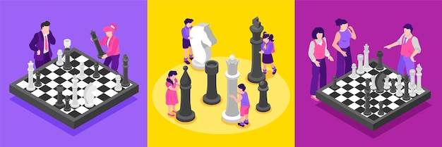Conjunto de tres composiciones isométricas con jugadores de ajedrez sobre fondos de colores brillantes ilustraciones vectoriales aisladas