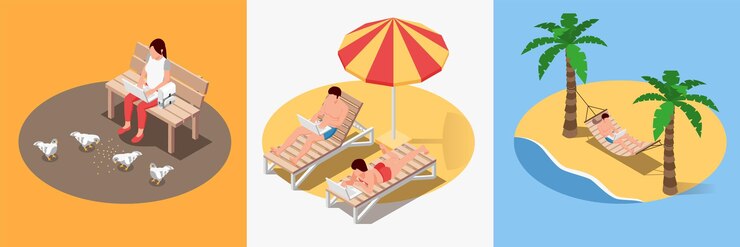 Vector gratuito conjunto con tres composiciones isométricas de nómadas digitales de personas que se relajan al aire libre mientras trabajan de forma remota con ilustraciones vectoriales de computadoras portátiles
