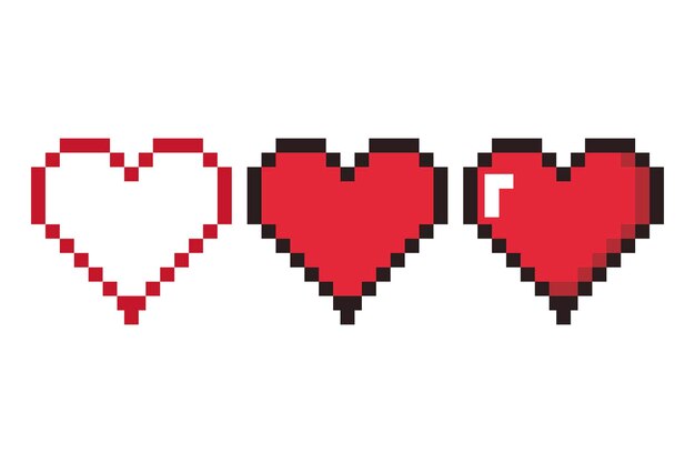 Conjunto de tres corazones pixelados