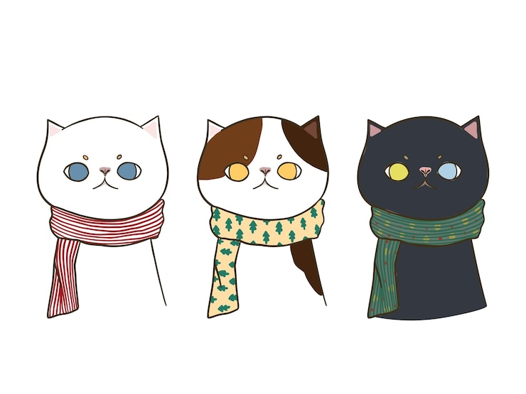 Vector gratuito conjunto de tres gatos lindos doodle dibujados a mano con una bufanda