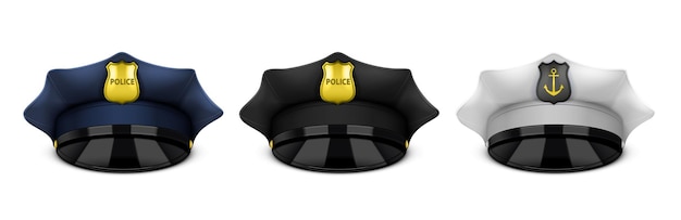 Conjunto de tres iconos realistas de sombrero de marinero de policía aislado con gorras y viseras en la ilustración de vector de fondo en blanco