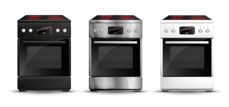 Vector gratuito conjunto de tres imágenes aisladas de estufas de gas realistas en placas de cocina eléctricas de color negro plateado y blanco ilustración vectorial