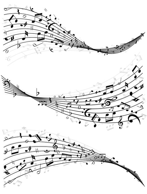 Conjunto de tres líneas onduladas diferentes o pentagramas de notas musicales dispersas al azar en blanco y negro