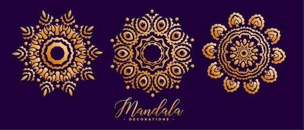 Vector gratuito conjunto de tres mandalas dorados decorativos