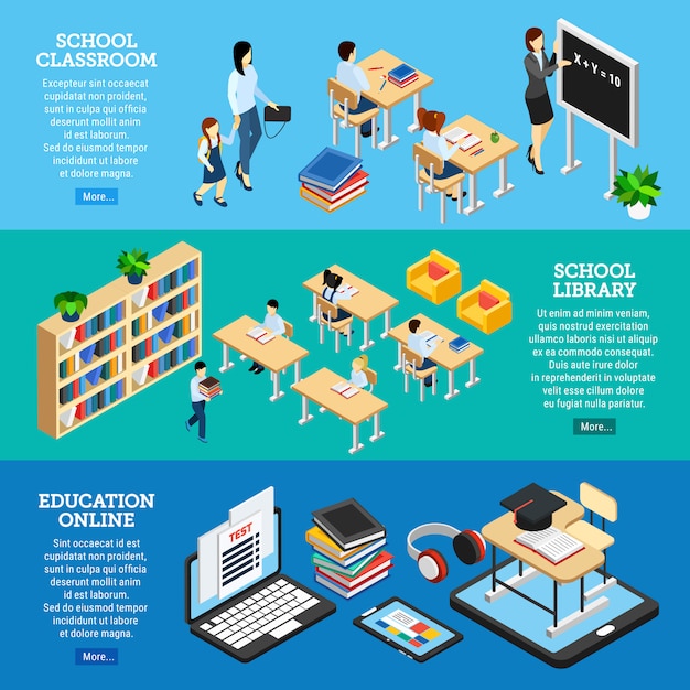 Conjunto de tres pancartas isométricas horizontales con alumnos estudiando