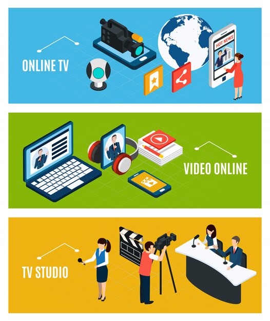 Conjunto de tres pancartas isométricas de video horizontal con gadgets electrónicos y personajes humanos.