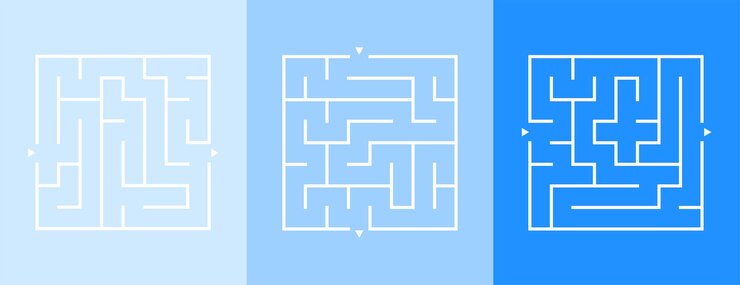 Vector gratuito conjunto de tres pancartas de patrón cuadrado laberinto pensar y resolver misterio