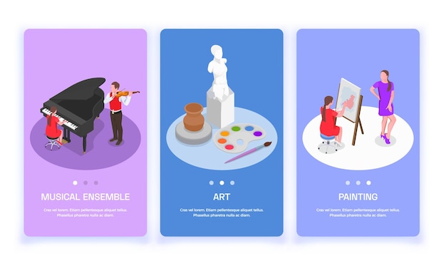 Conjunto de tres pancartas verticales con imágenes y botones isométricos de artistas de profesiones de personas creativas