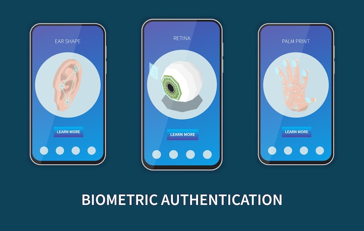 Vector gratuito conjunto de tres pancartas verticales en marcos de teléfonos inteligentes para autenticación biométrica