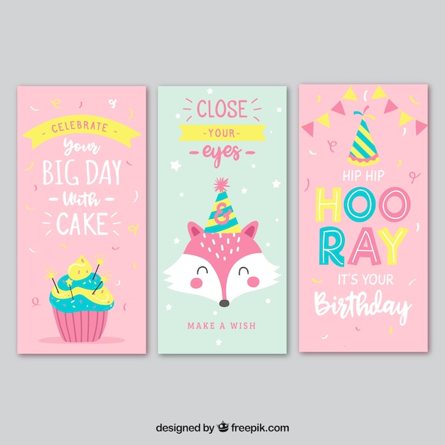 Conjunto de tres tarjetas de cumpleaños en rosa y turquesa