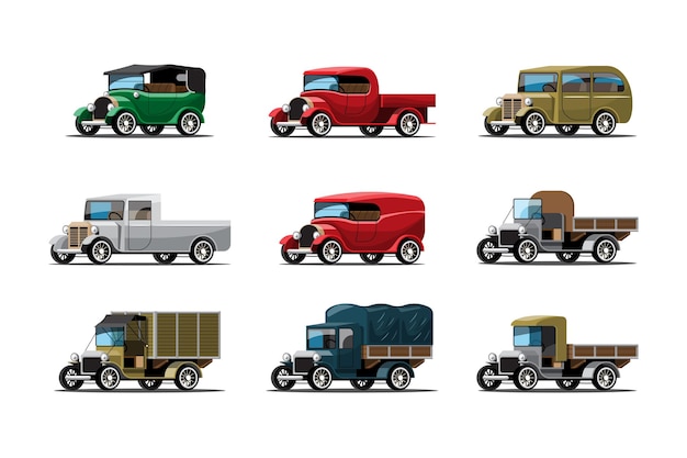 Conjunto de tres tipos de coches de trabajo en estilo vintage o antiguo en blanco