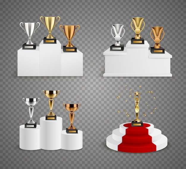 Conjunto de trofeos incluyendo copas y figurillas sobre pedestales.