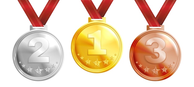 Conjunto de trofeos de medallas realistas de premios de plata dorada y bronce con cintas rojas ilustraciones vectoriales aisladas