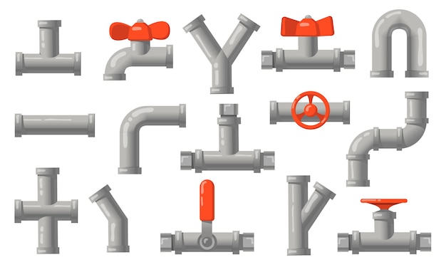 Conjunto de tuberías de fontanería. Tubos de metal gris con válvulas, tuberías industriales, desagües de agua aislados. Ilustraciones vectoriales planas para ingeniería, concepto de sistema de conexión