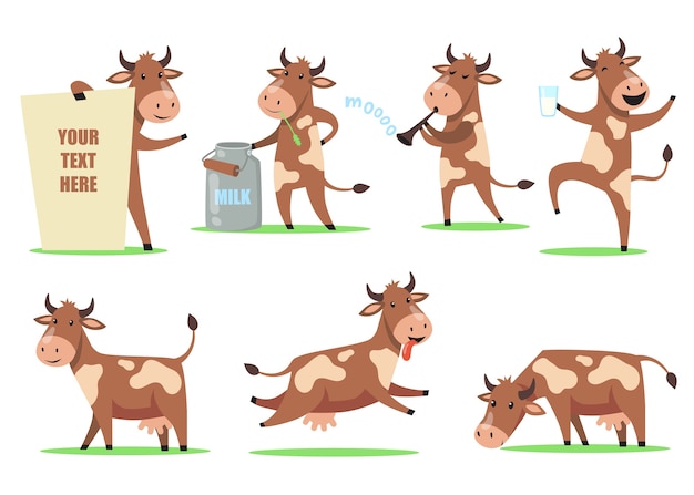 Conjunto de vaca de divertidos dibujos animados. lindo personaje animal sonriente en acción diferente, vaca feliz bailando con un vaso de leche, masticando hierba, divirtiéndose. para animales de granja, lácteos, humor.