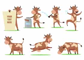Vector gratuito conjunto de vaca de divertidos dibujos animados. lindo personaje animal sonriente en acción diferente, vaca feliz bailando con un vaso de leche, masticando hierba, divirtiéndose. para animales de granja, lácteos, humor.