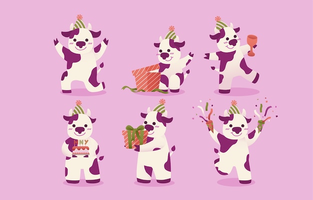 Vector gratuito conjunto de vaca manchada de color blanco-violeta.