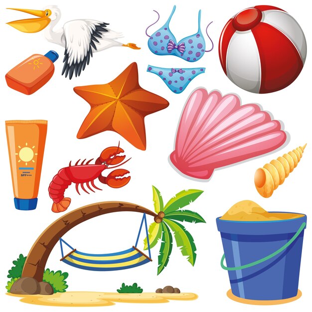 Conjunto de vacaciones de verano de tema de objetos aislados
