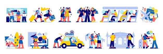 Conjunto de vacaciones de viaje de iconos aislados con personajes humanos de pasajeros con maletas en diversas situaciones ilustración vectorial