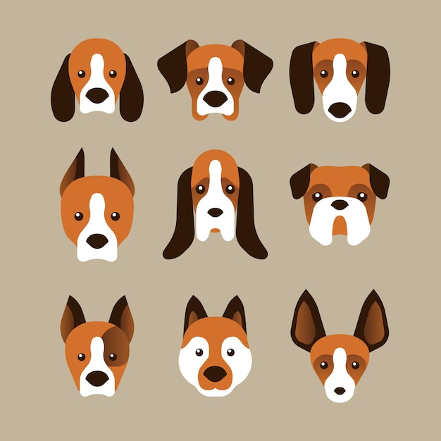 Vector gratuito un conjunto de variantes de la cara del perro en estilo plano