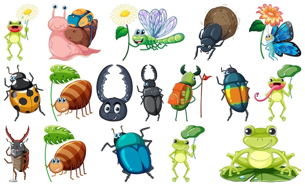 Vector gratuito conjunto, de, vario, insectos, y, anfibios, caricatura