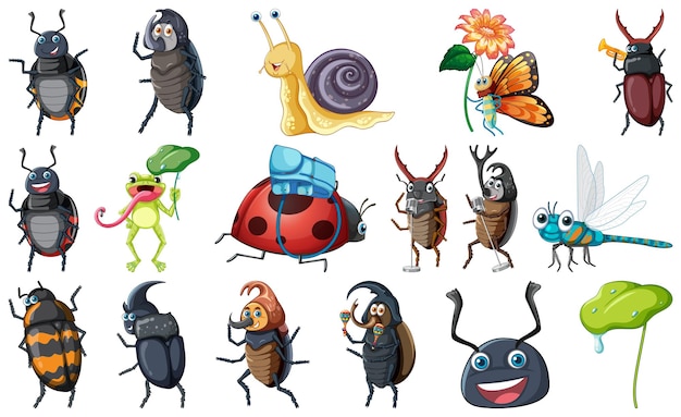conjunto, de, vario, insectos, y, anfibios, caricatura