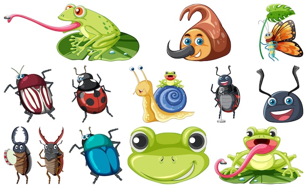 conjunto, de, vario, insectos, y, anfibios, caricatura