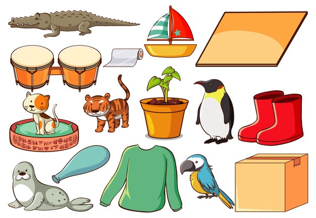 Conjunto de varios animales y objetos.