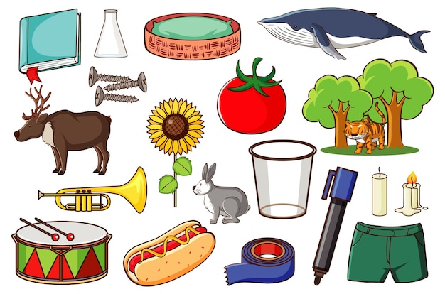 Conjunto de varios animales y objetos.
