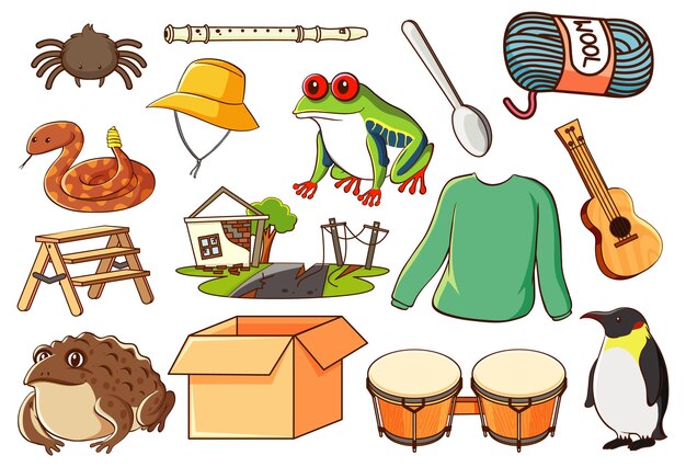 Vector gratuito conjunto de varios animales y objetos.