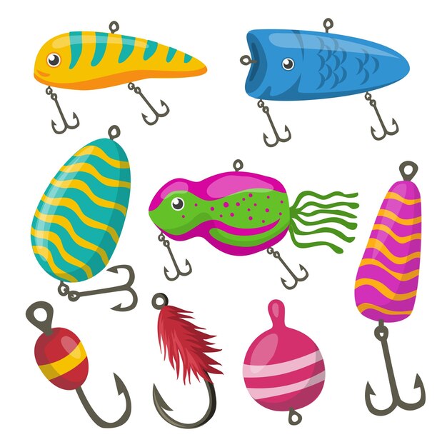 Conjunto de varios cebos de pesca modernos y coloridos