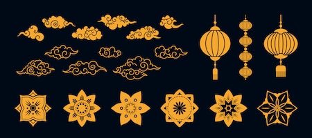 Vector gratuito conjunto de varios elementos planos tradicionales de oro asiático