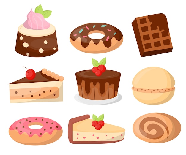 Conjunto de varios pasteles y panadería en vector de estilo de dibujos animados