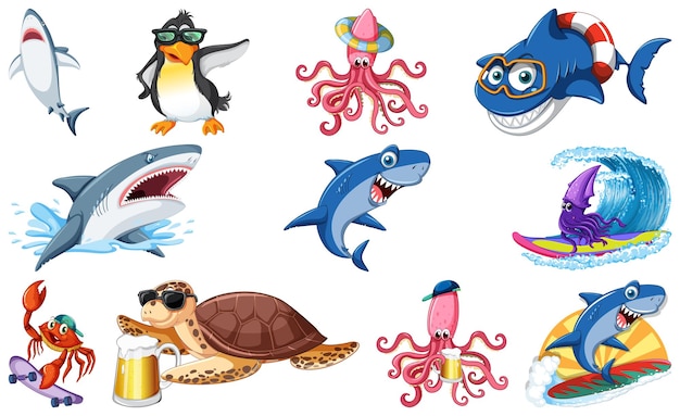 Vector gratuito conjunto de varios personajes de dibujos animados de animales marinos