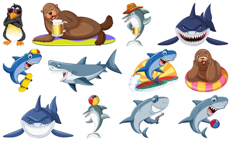Vector gratuito conjunto de varios personajes de dibujos animados de animales marinos