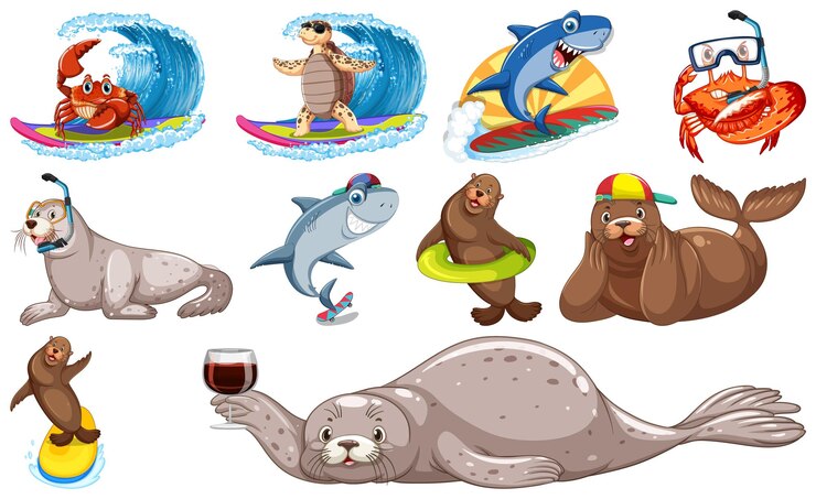 Vector gratuito conjunto de varios personajes de dibujos animados de animales marinos