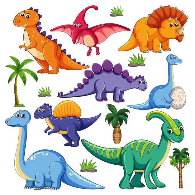 Conjunto de varios personajes de dibujos animados de dinosaurios aislados sobre fondo blanco