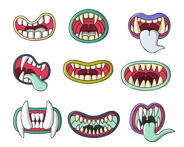 Conjunto de varios vectores de dibujos animados de boca de diablo o monstruos