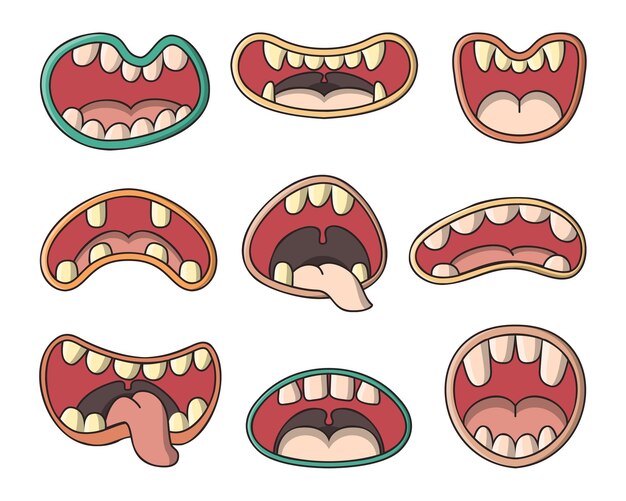Conjunto de varios vectores de dibujos animados de boca de diablo o monstruos