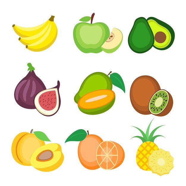 Conjunto de varios vectores de estilo de dibujos animados de dibujo de fruta fresca