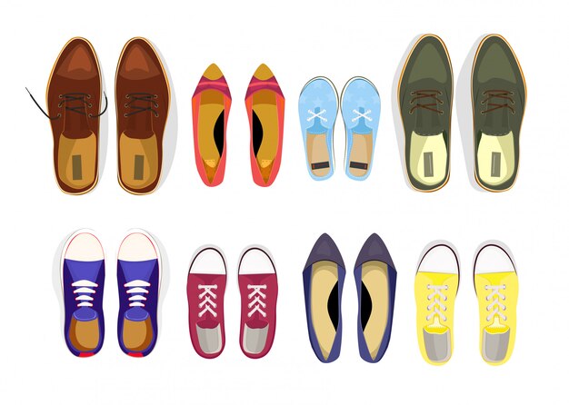 Conjunto de varios zapatos masculinos y femeninos.