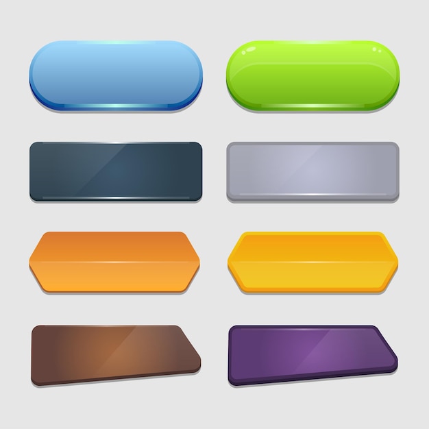 Conjunto de vector colorido de botones y marcos de juego. Elementos para aplicaciones móviles. Opciones y ventanas de selección, configuración del panel.